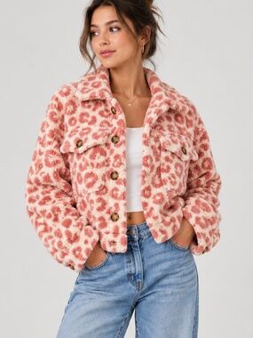 BaeVely Womens Sherpa Jacket S Pink Ivory Animal Print Button Front Teddy Fleece